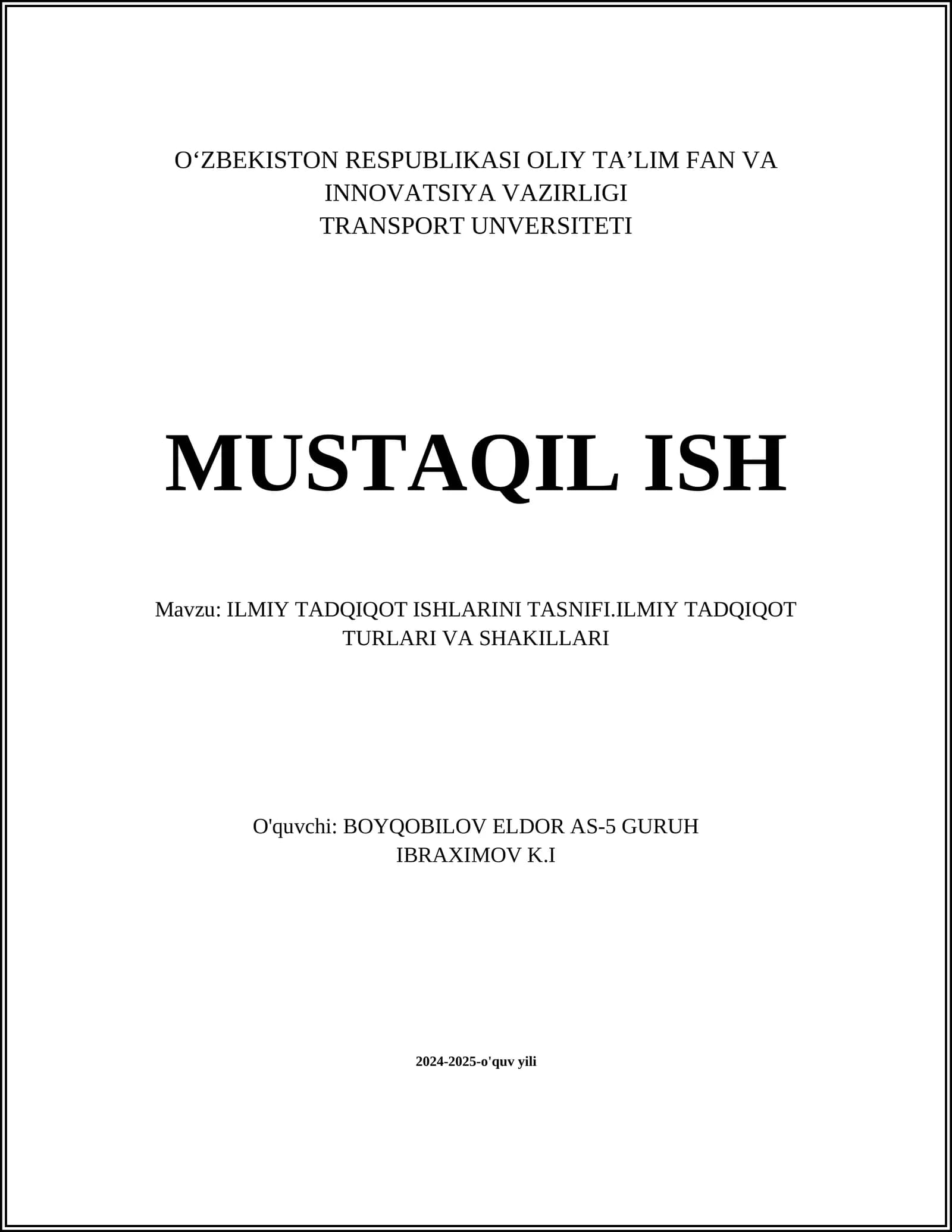 ILMIY TADQIQOT ISHLARINI TASNIFI