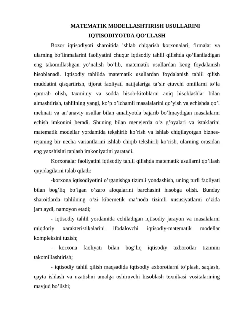Matematik Modellashtirish Usullarini Iqtisodiyotda Qo‘llash