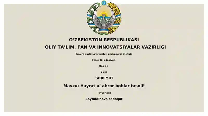 Hayrat ul abror boblar tasnifi