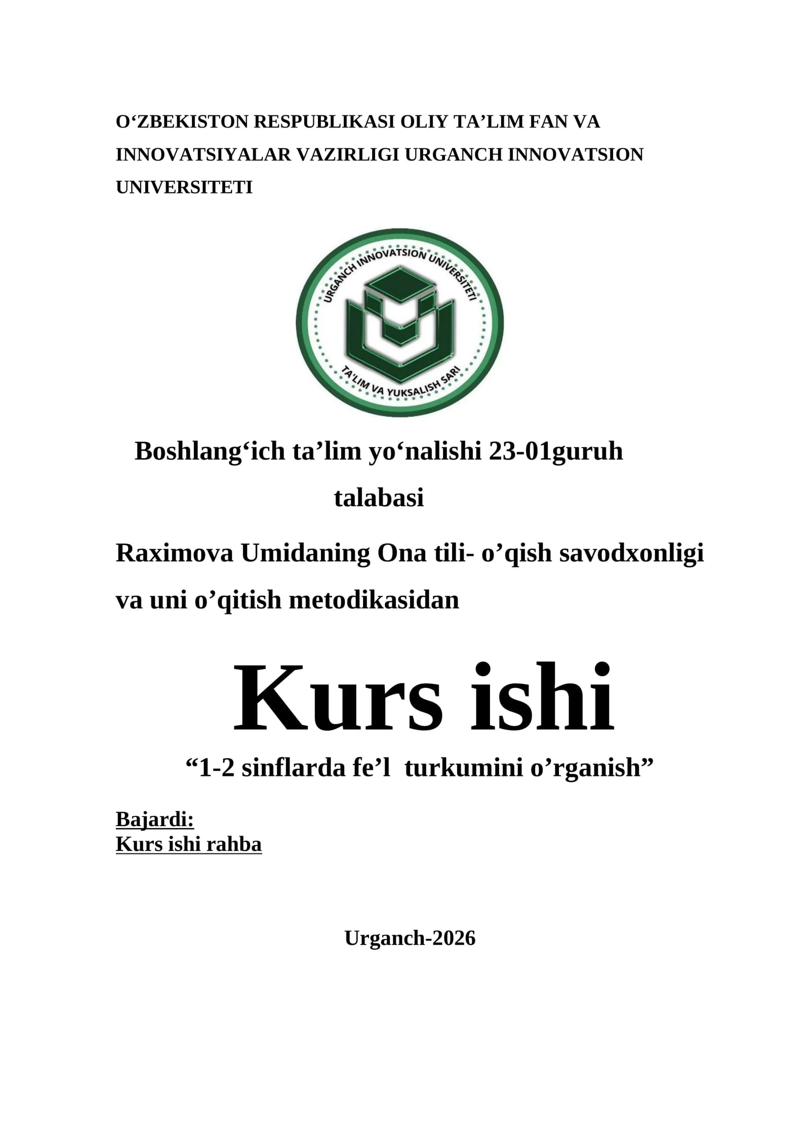 1-2 sinflarda fe’l turkumini o’rganish