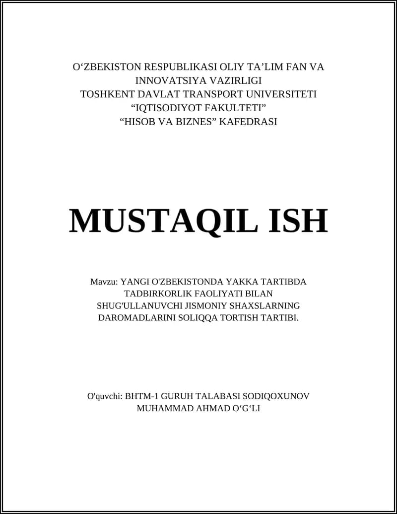 Yakka tartibdagi tadbirkorni soliq organlarida ro'yxatdan o'tkazish tartibi