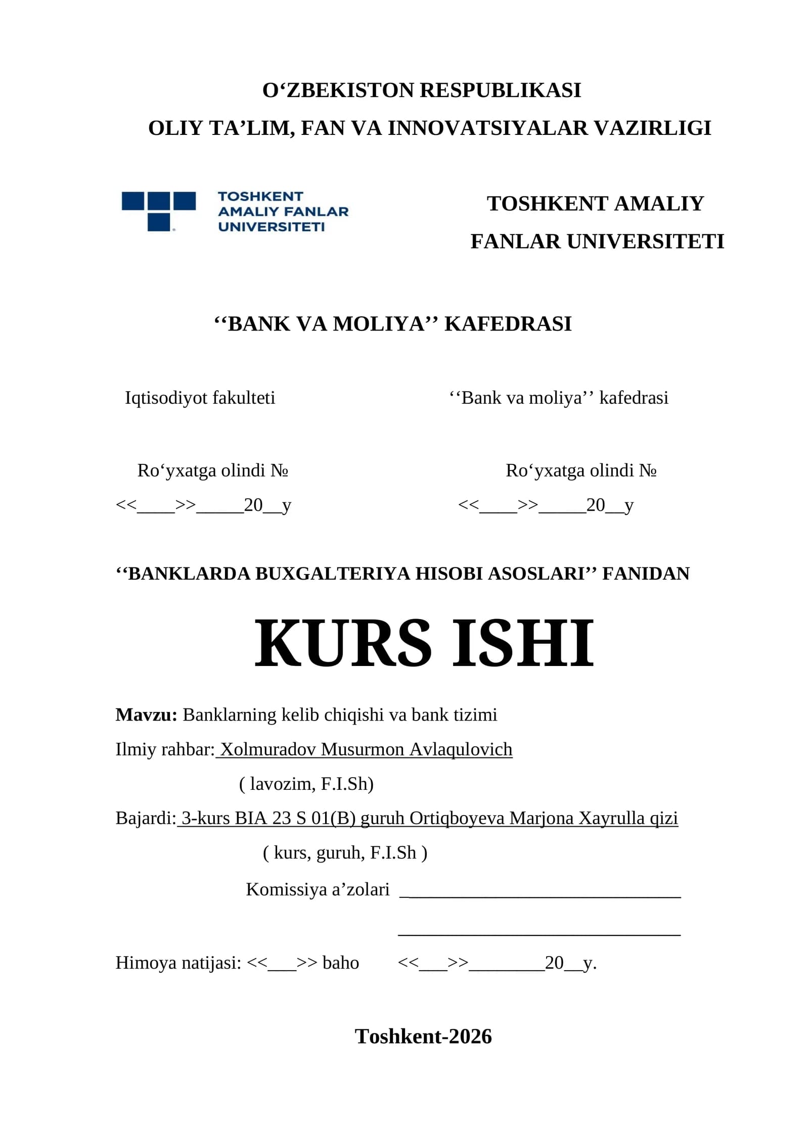 Banklarda Buxgalteriya Hisobi Asoslari Kurs Ishi