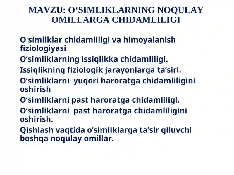 O'simliklar chidamliligi va himoyalanish fiziologiyasi