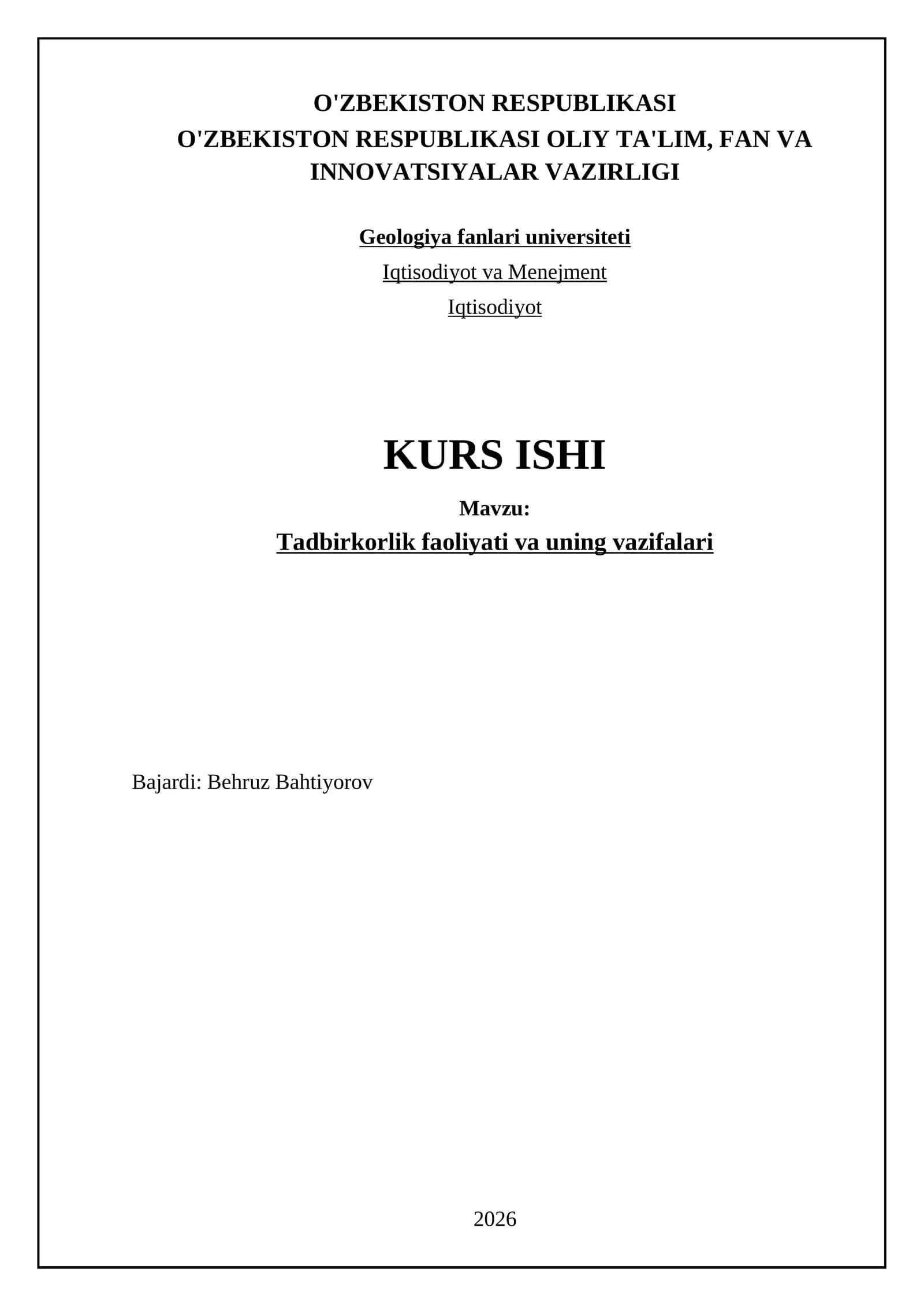 Tadbirkorlik faoliyati va uning vazifalari