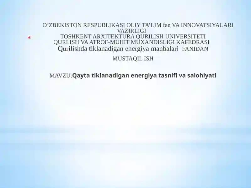 qayta tiklanadigan energiya tasnifi va salohiyati