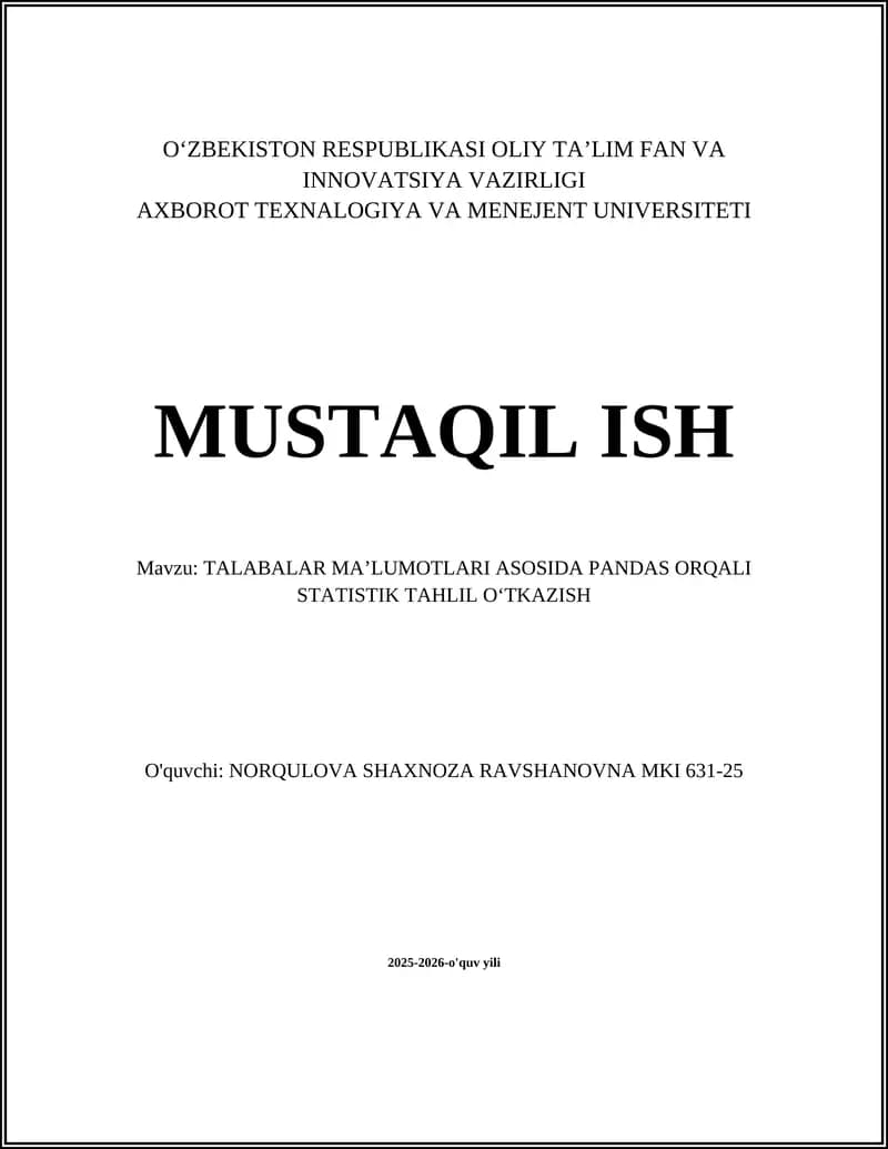Talabalar ma'lumotlari asosida Pandas orqali statistik tahlil o‘tkazish