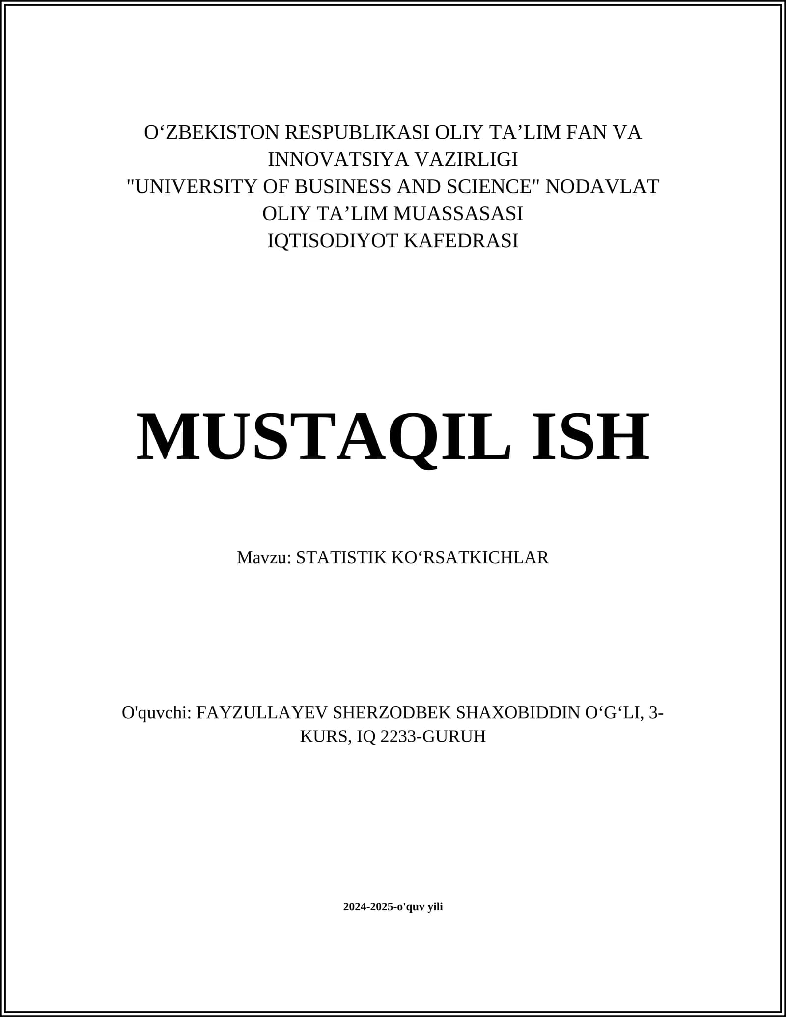 STATISTIK KO‘RSATKICHLAR
