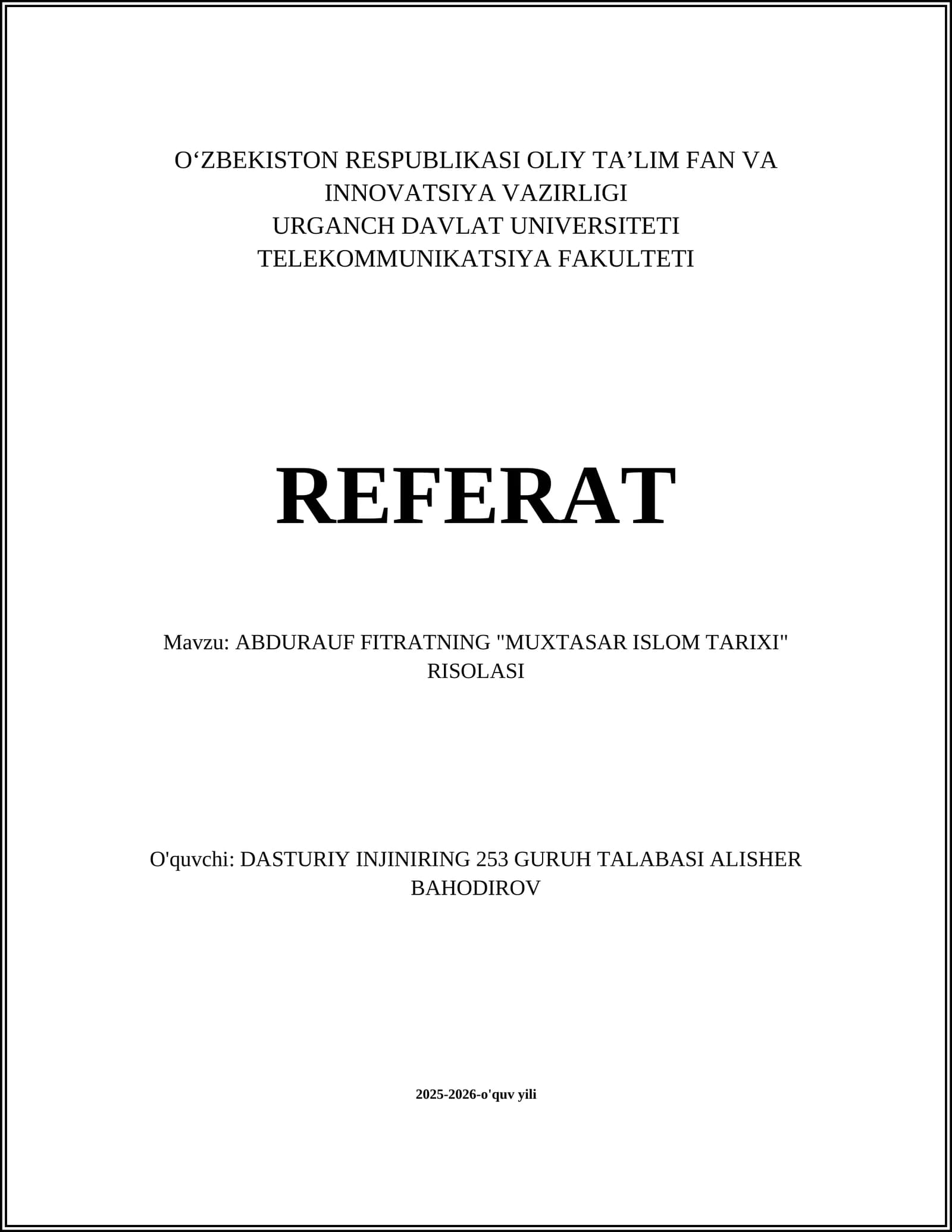 ABDURAUF FITRATNING "MUXTASAR ISLOM TARIXI" RISOLASI