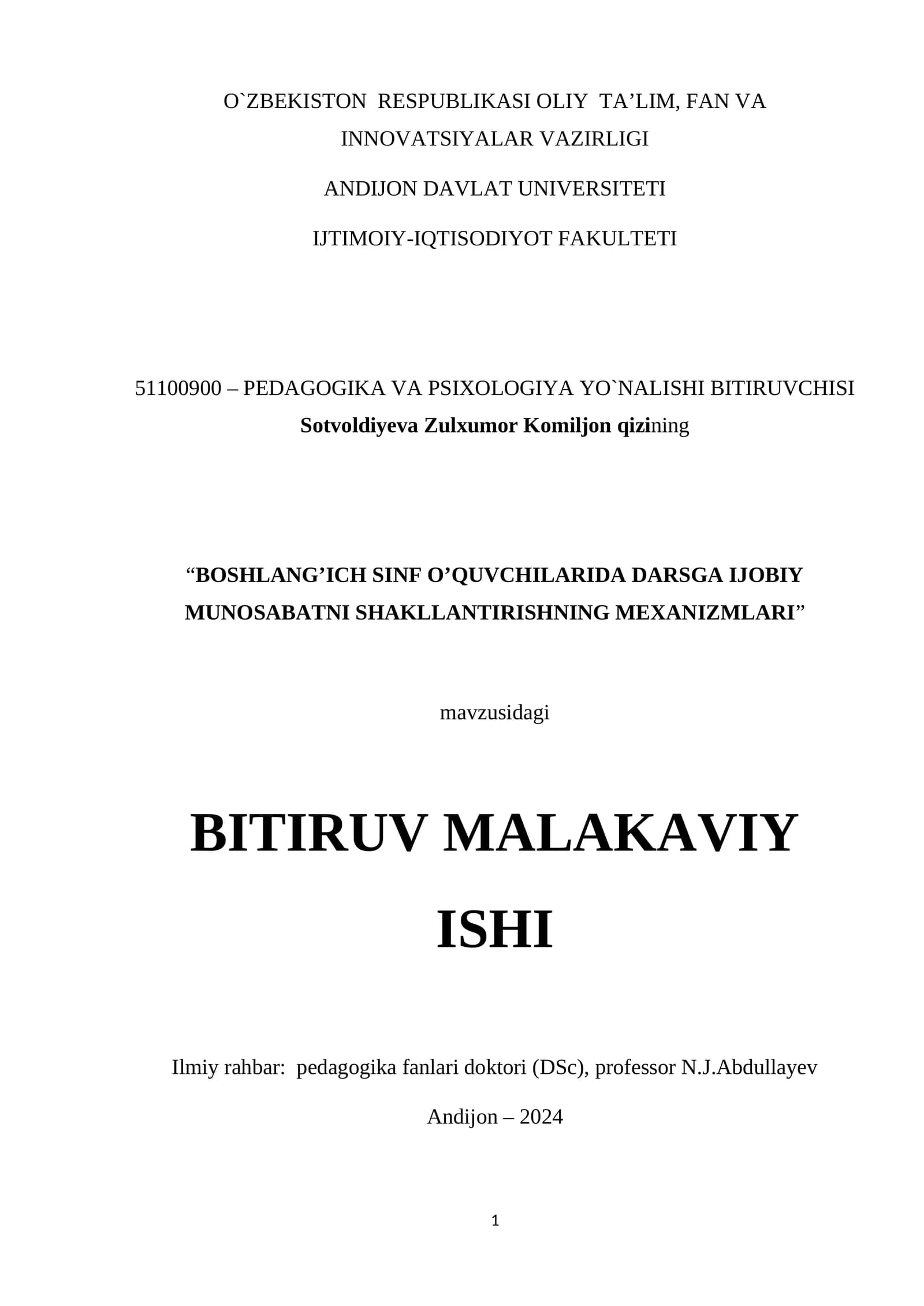 BOSHLANG’ICH SINF O’QUVCHILARIDA DARSGA IJOBIY MUNOSABATNI SHAKLLANTIRISHNING MEXANIZMLARI