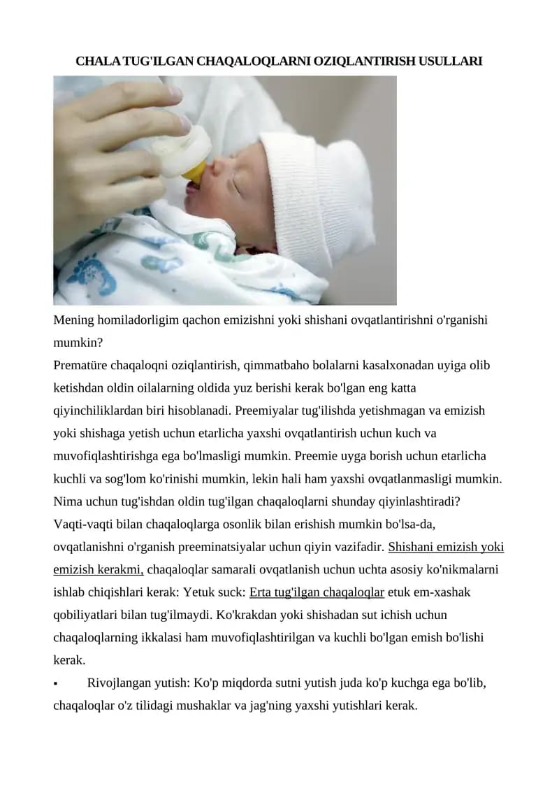 CHALA TUG'ILGAN CHAQALOQLARNI OZIQLANTIRISH USULLARI