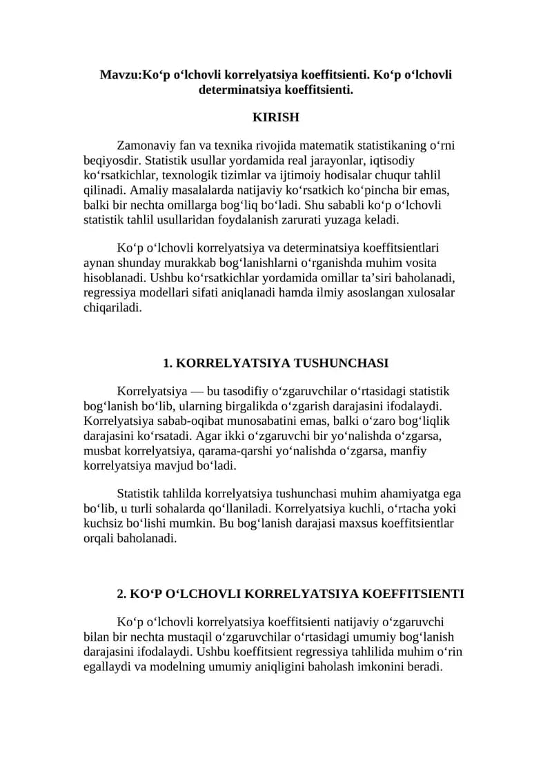 Ko‘p o‘lchovli korrelyatsiya va determinatsiya koeffitsienti
