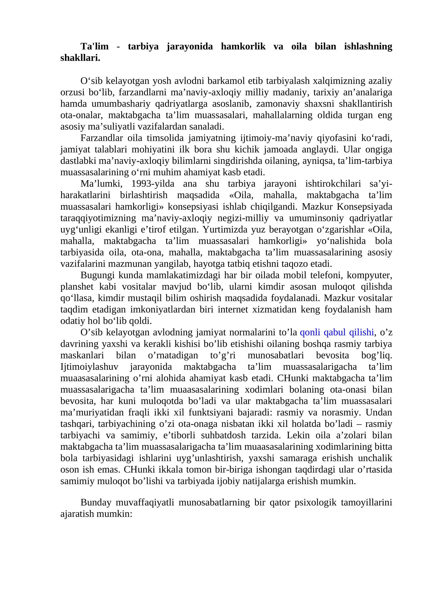 Ta'lim - tarbiya jarayonida hamkorlik va oila bilan ishlashning shakllari