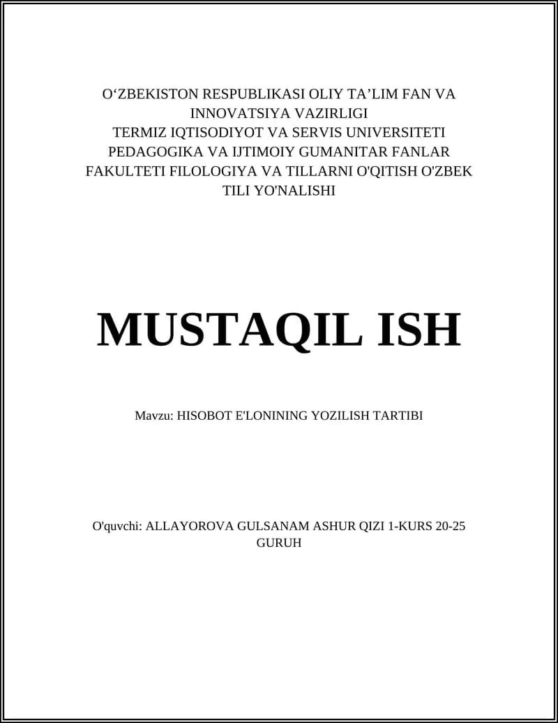 HISOBOT E'LONINING YOZILISH TARTIBI