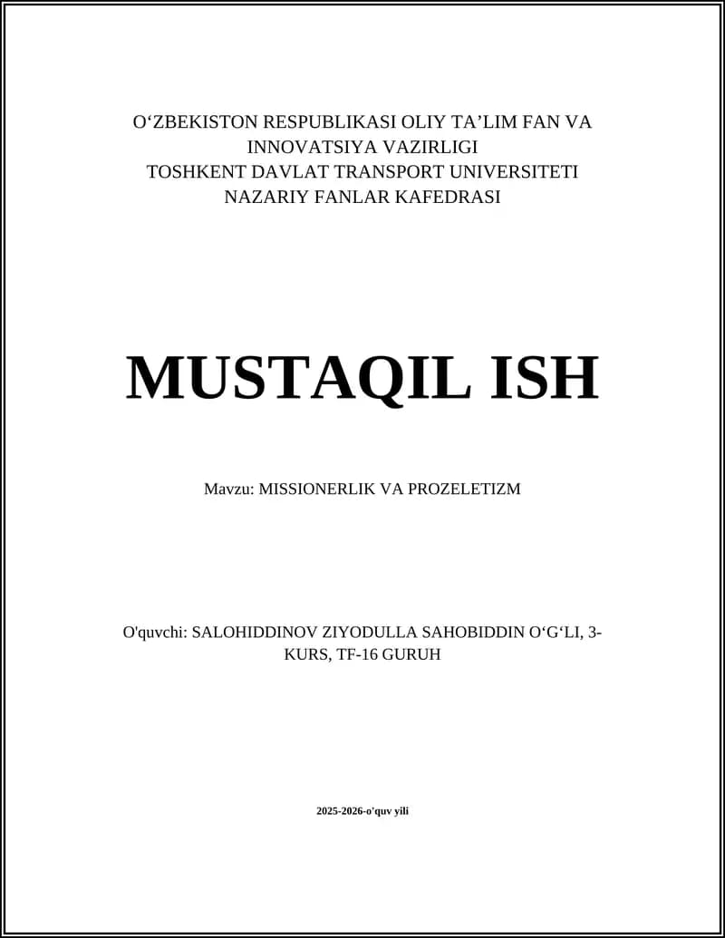 MISSIONERLIK VA PROZELETIZM