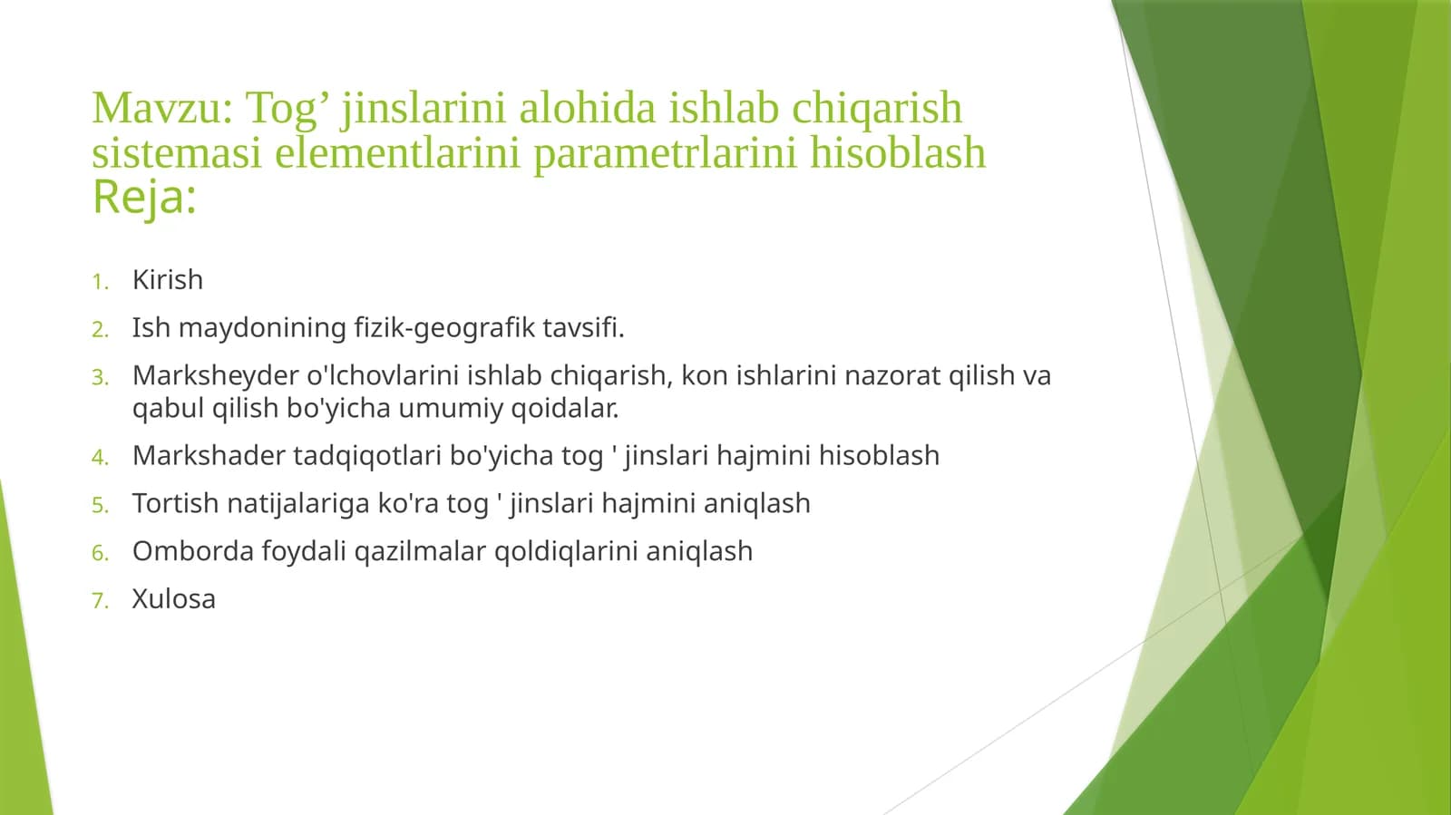 Tog’jinslarinialohidaishlabchiqarishsistemasi elementlariniparametrlarini hisoblash