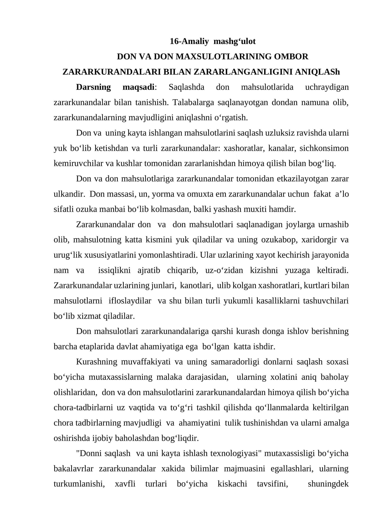 DON VA DON MAXSULOTLARINING OMBOR ZARARKURANDALARI BILAN ZARARLANGANLIGINI ANIQLASh