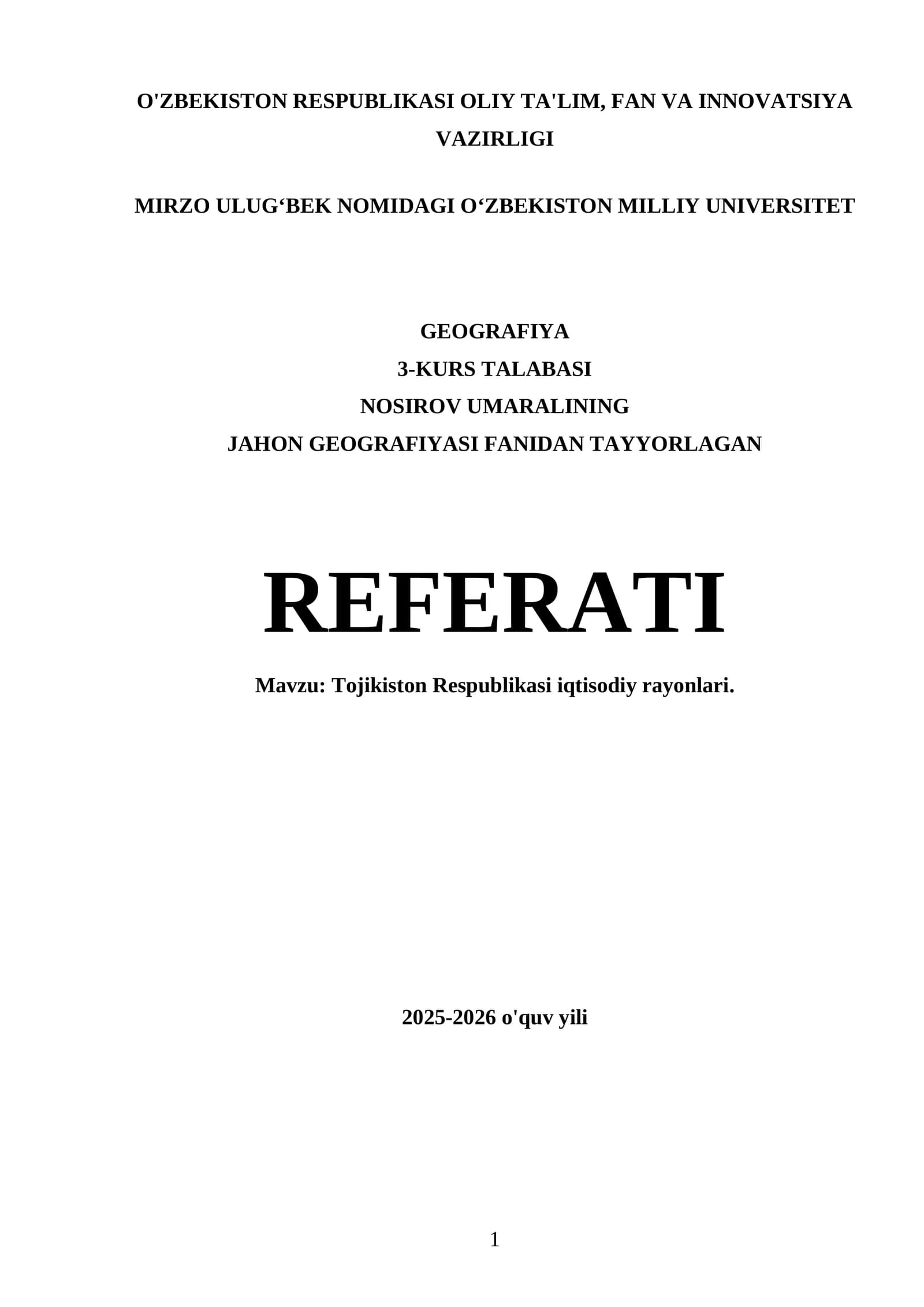 Tojikiston Respublikasi iqtisodiy rayonlari REFERATI