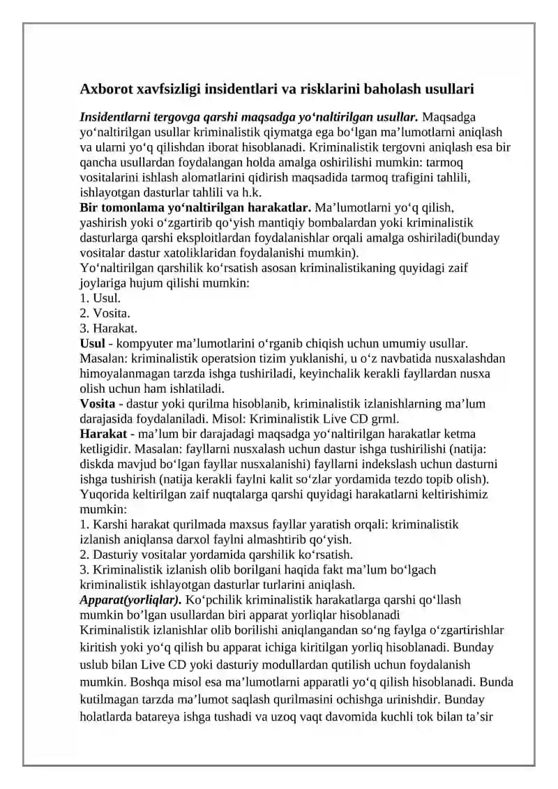 Axborot xavfsizligi insidentlari va risklarini baholash usullari