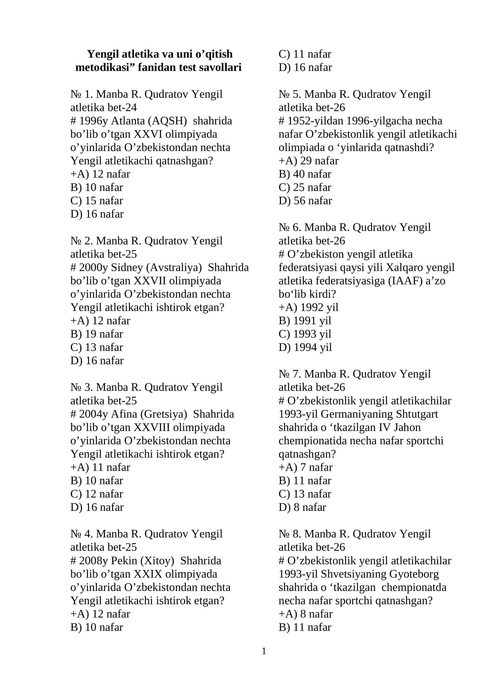 Yengil atletika va uni o’qitish metodikasi” test savollari