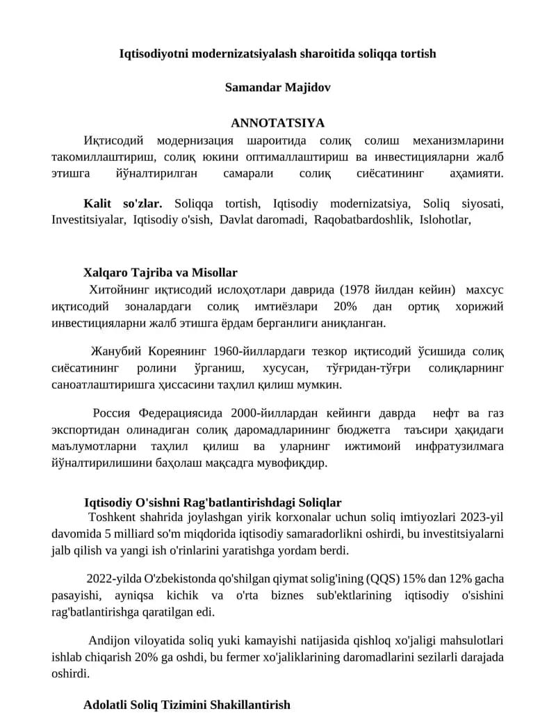 Iqtisodiyotni modernizatsiyalash sharoitida soliqqa tortish