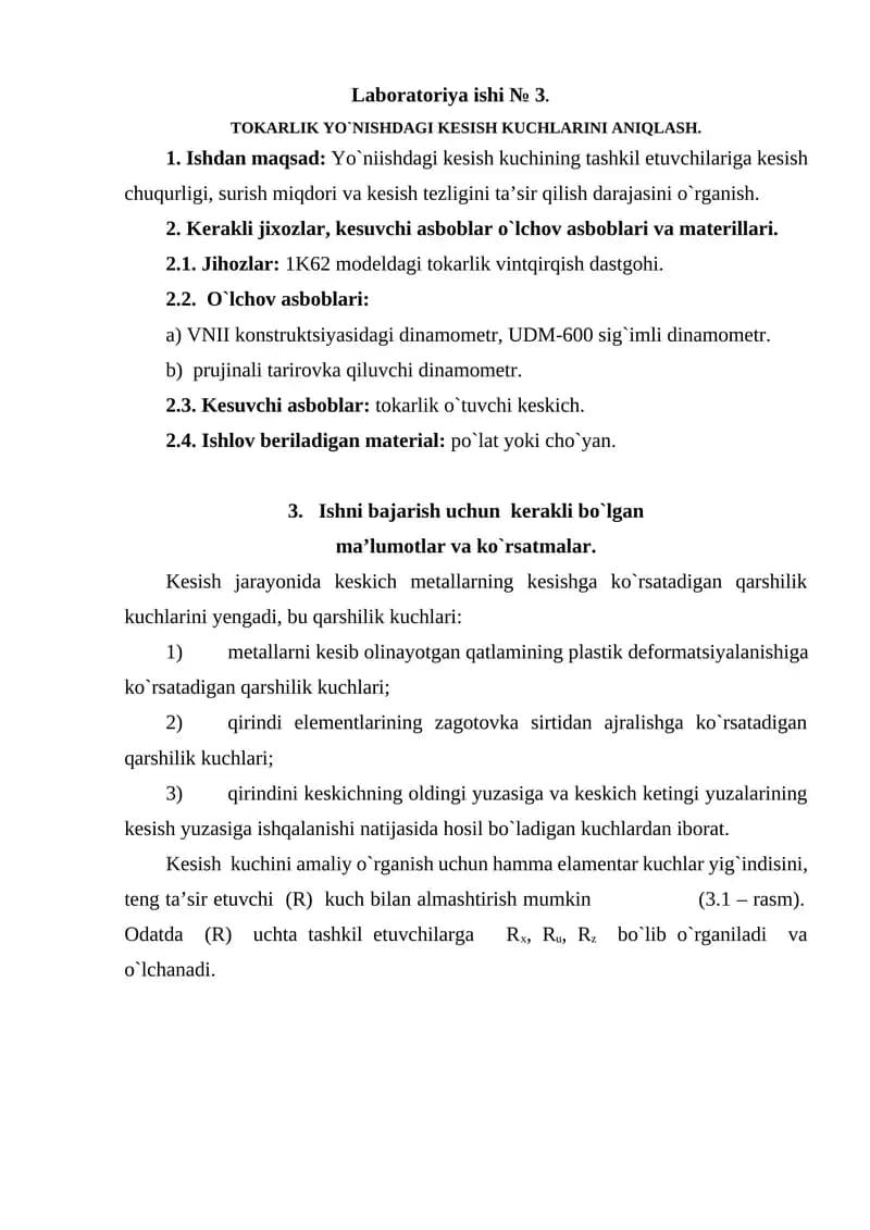 TOKARLIK YO`NISHDAGI KESISH KUCHLARINI ANIQLASH