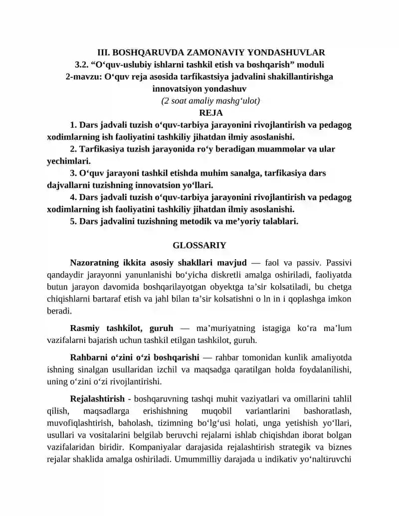 Oʻquv reja asosida tarfikastsiya jadvalini shakillantirishga innovatsiyon yondashuv.