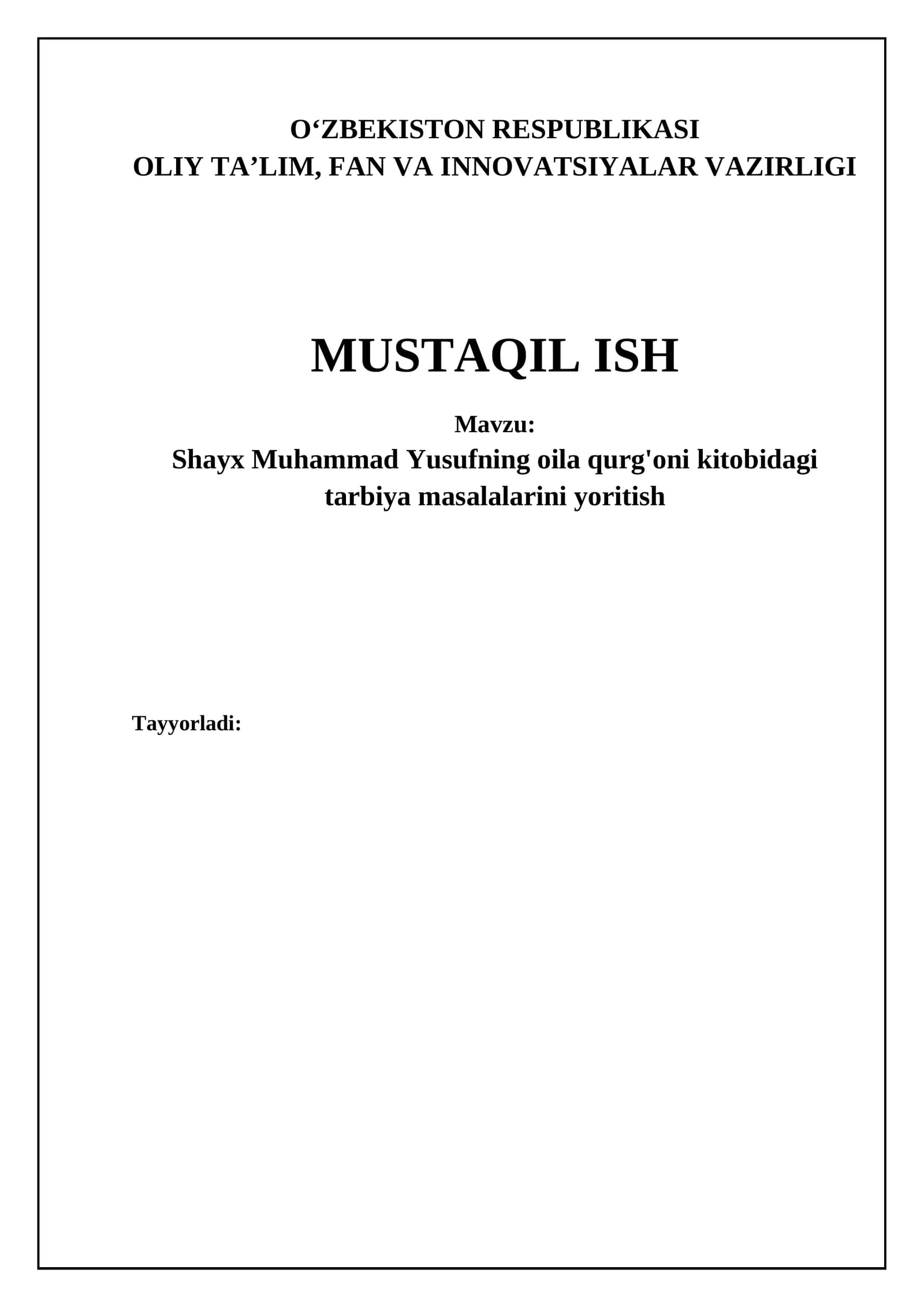 Shayx Muhammad Yusufning oila qurg'oni kitobidagi tarbiya masalalarini yoritish