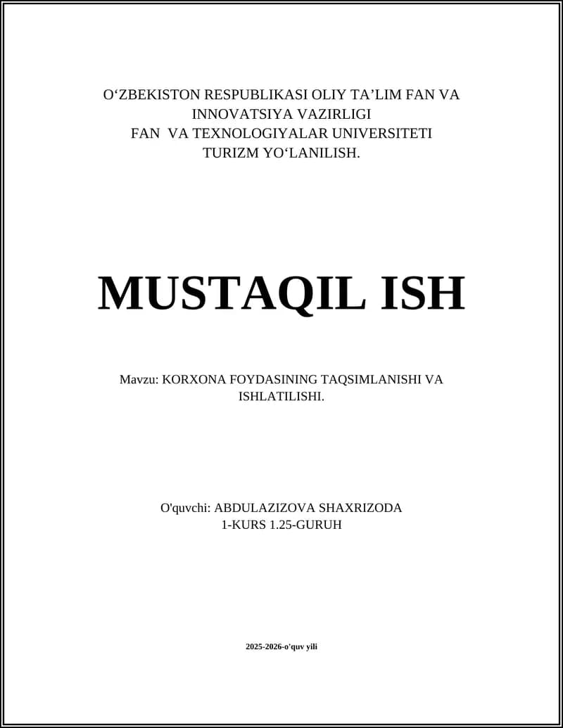 KORXONA FOYDASINING TAQSIMLANISHI VA ISHLATILISHI