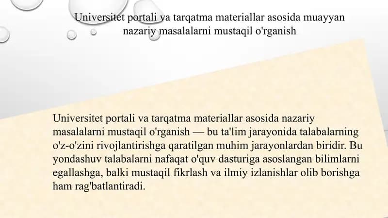 Universitet portali va tarqatma materiallar asosida muayyan nazariy masalalarni mustaqil