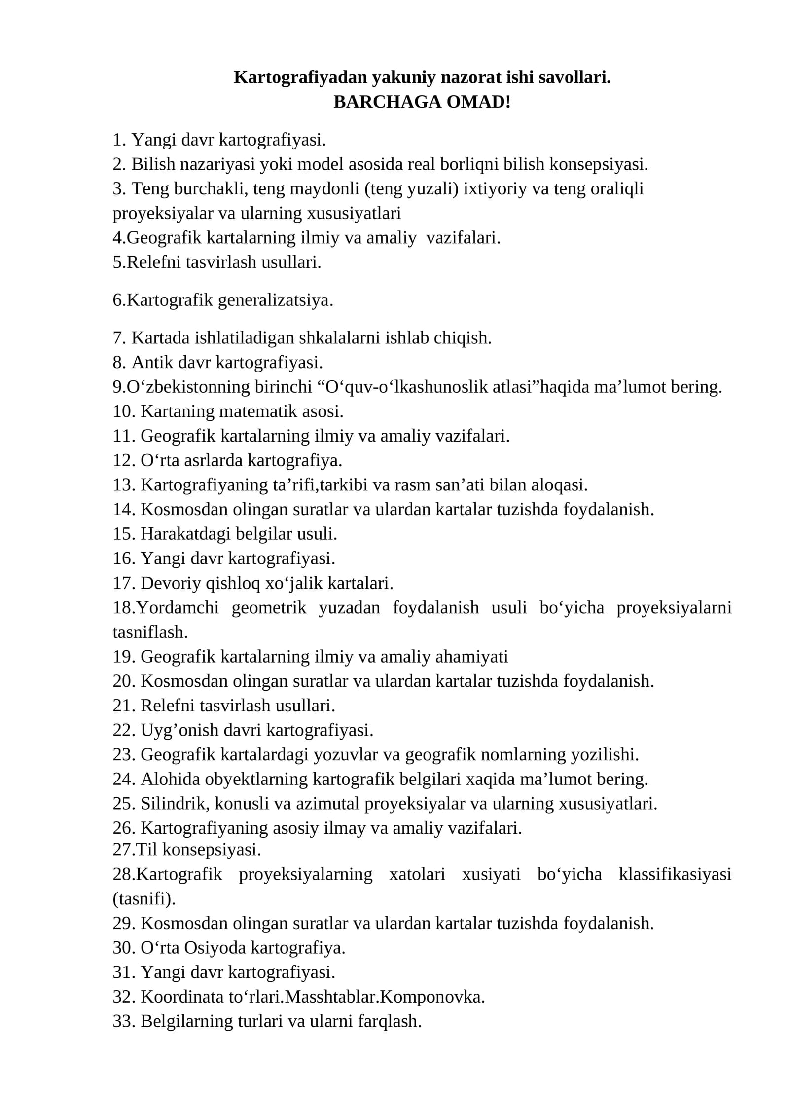 Kartografiyadan yakuniy nazorat ishi savollari