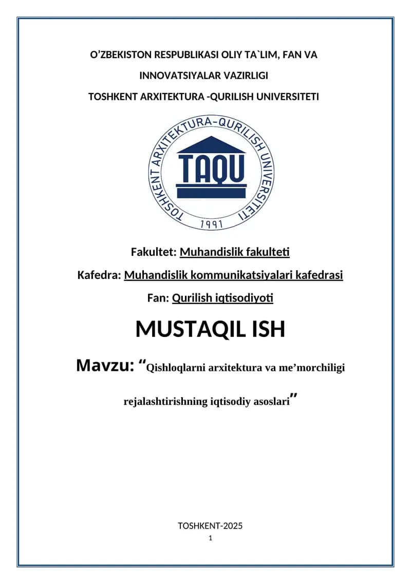 Qishloqlarni arxitektura va meʼmorchiligi rejalashtirishning iqtisodiy asoslari