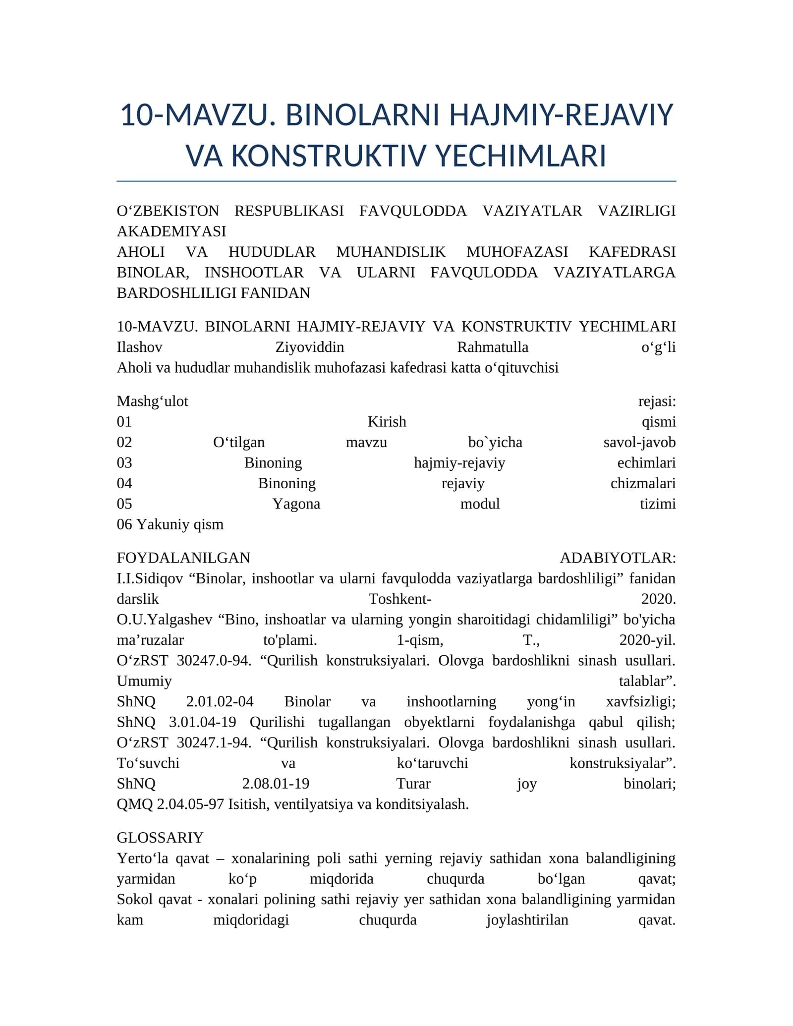 BINOLARNI HAJMIY-REJAVIY VA KONSTRUKTIV YECHIMLARI