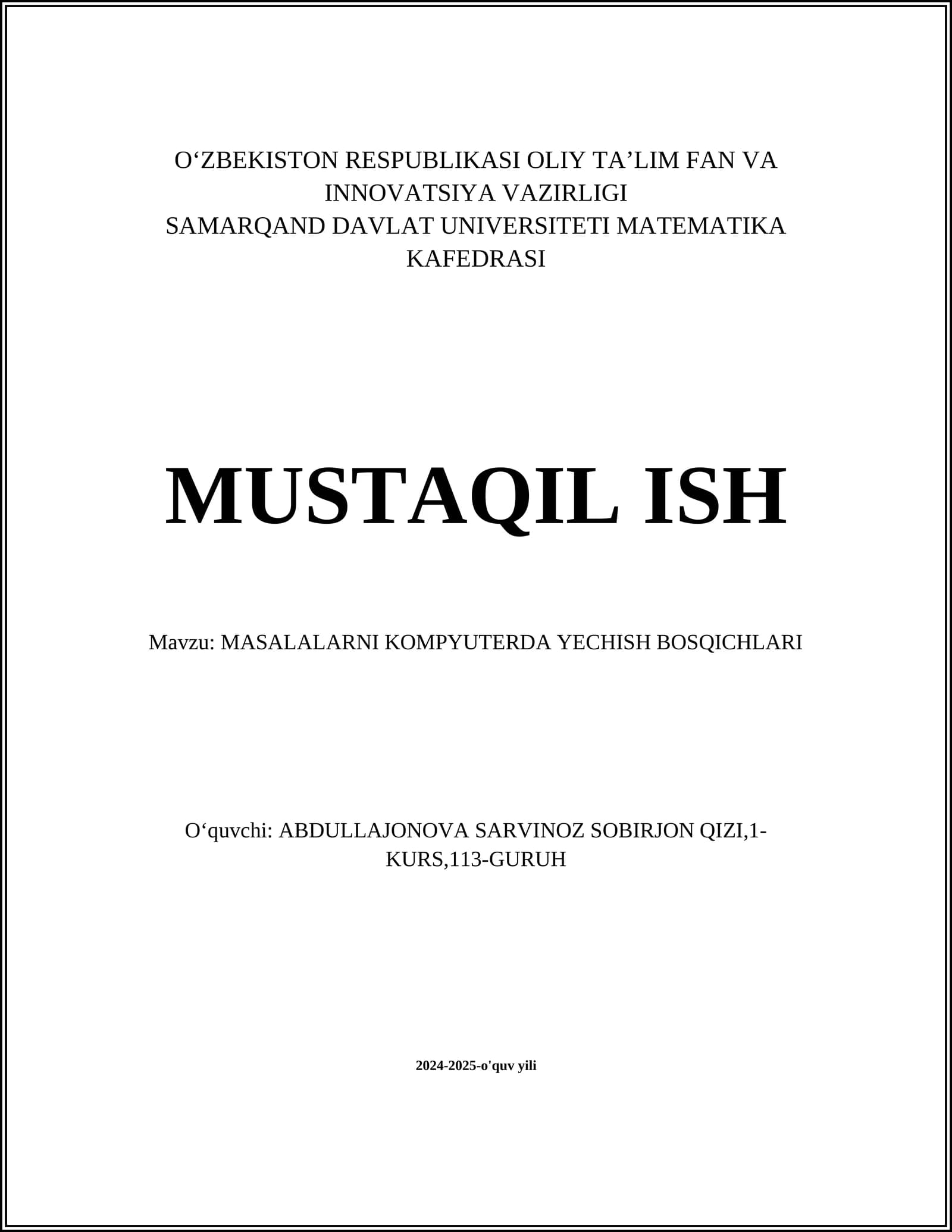 MASALALARNI KOMPYUTERDA YECHISH BOSQICHLARI