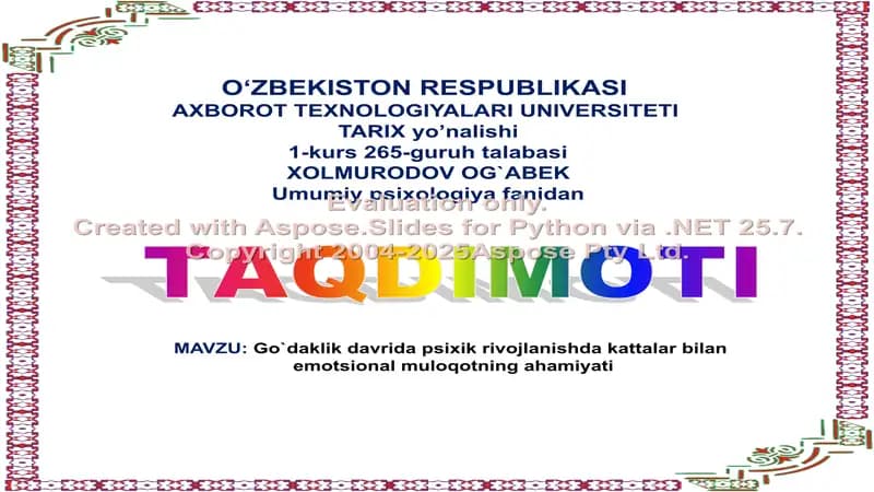Go`daklik davrida psixik rivojlanishda kattalar bilan emotsional muloqotning ahamiyati