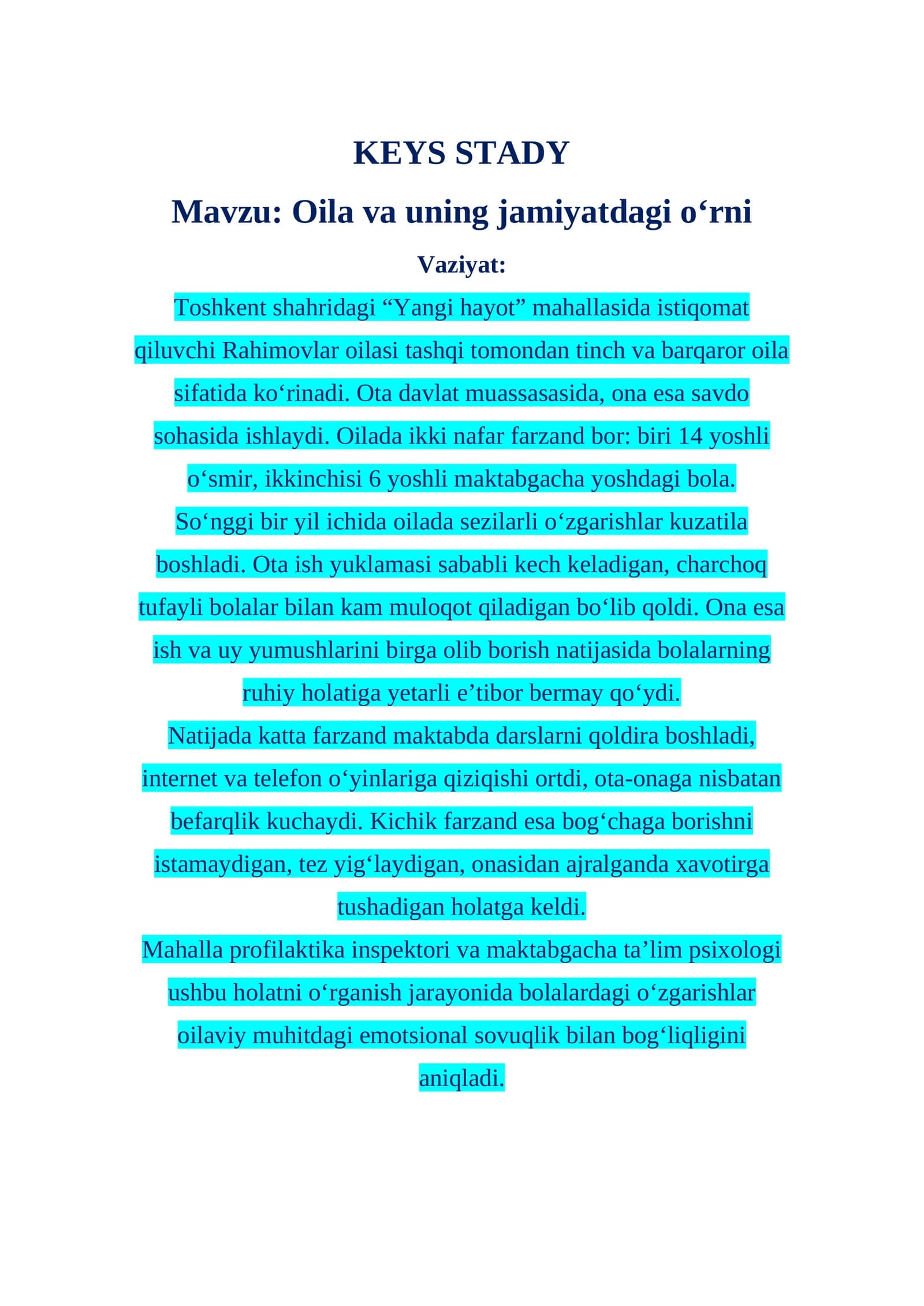 Oila va uning jamiyatdagi o‘rni