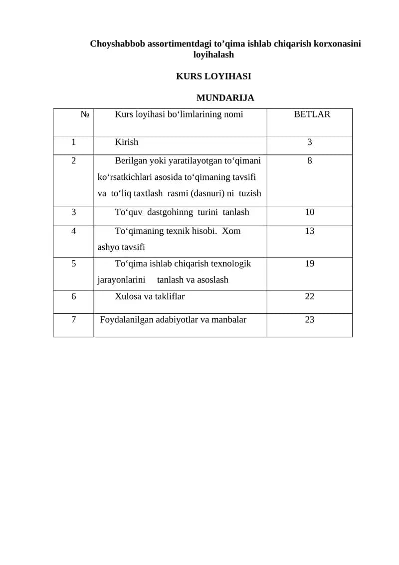 Choyshabbob assortimentdagi to’qima ishlab chiqarish korxonasini loyihalash KURS LOYIHASI
