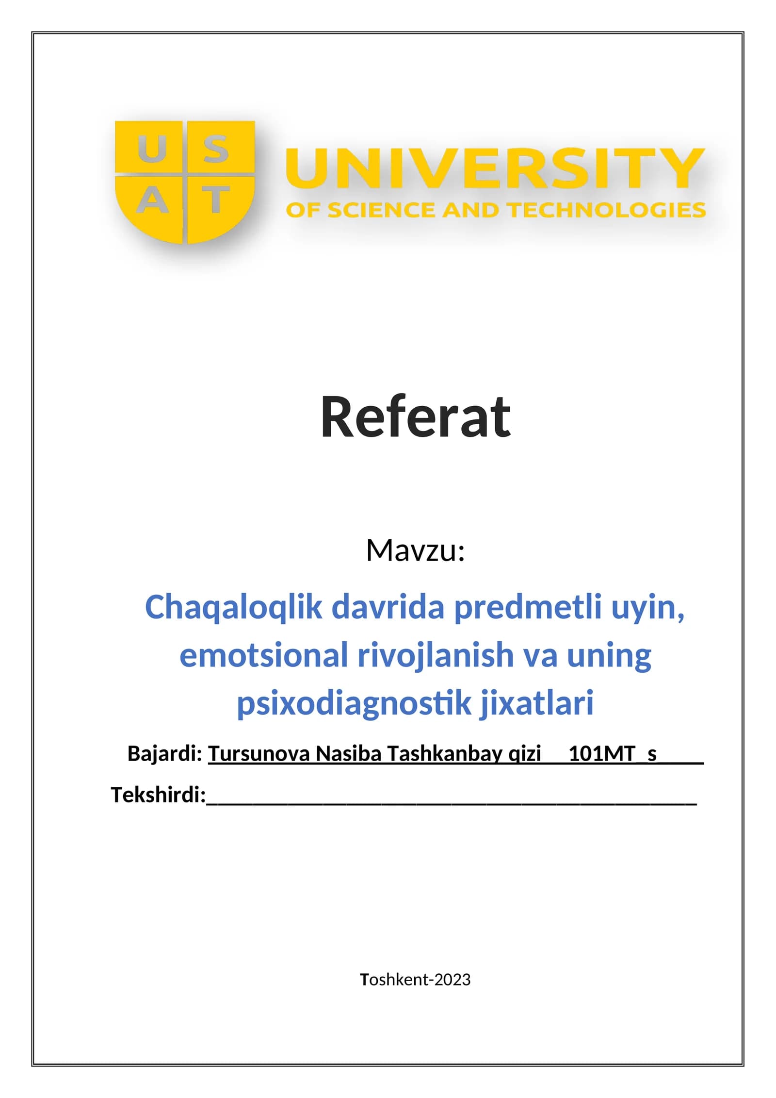 Chaqaloqlik davrida predmetli uyin, emotsional rivojlanish va uning psixodiagnostik jixatlari