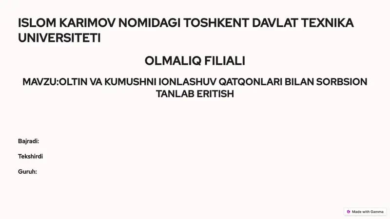 OLTIN VA KUMUSHNI IONLASHUV QATQONLARI BILAN SORBSION TANLAB ERITISH