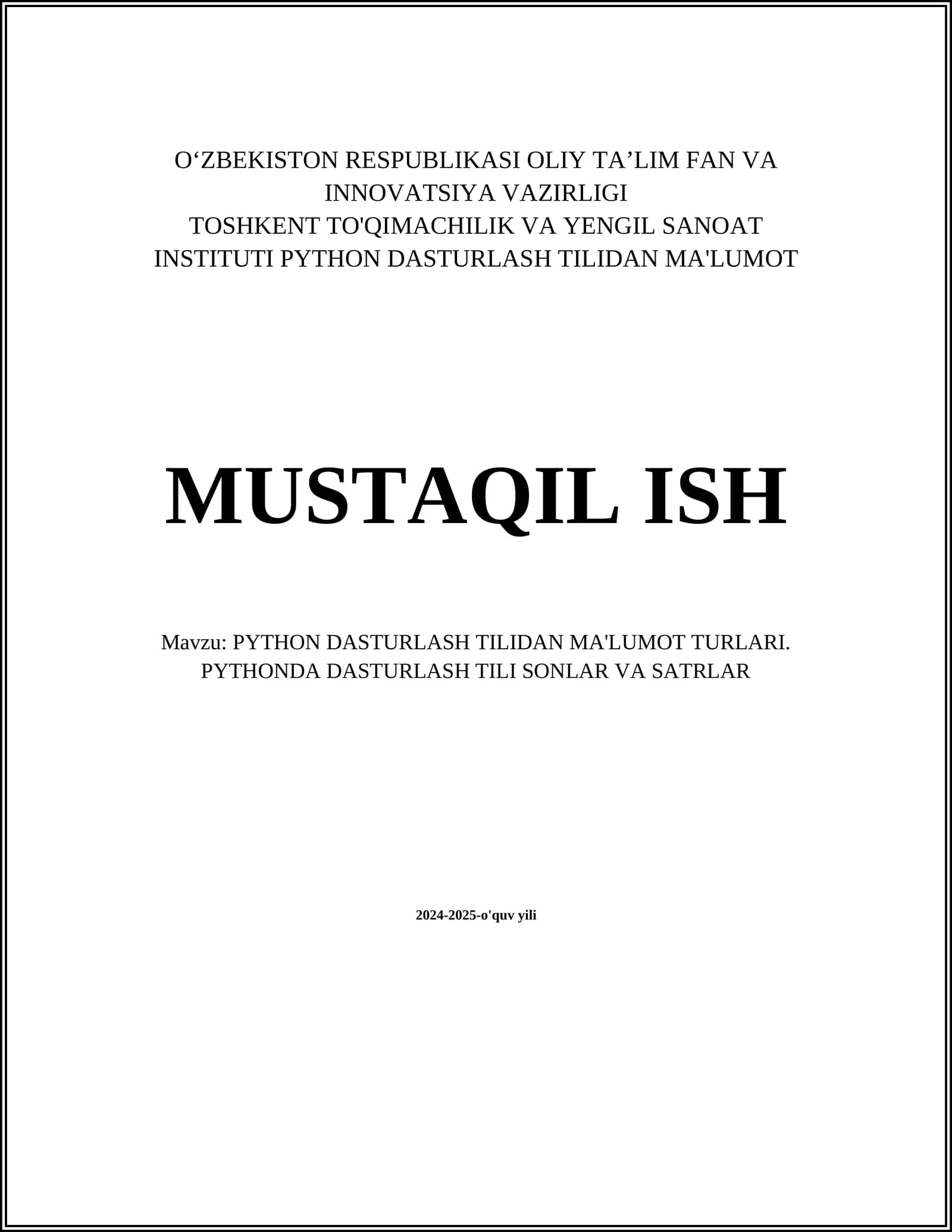 PYTHON DASTURLASH TILIDAN MA'LUMOT TURLARI