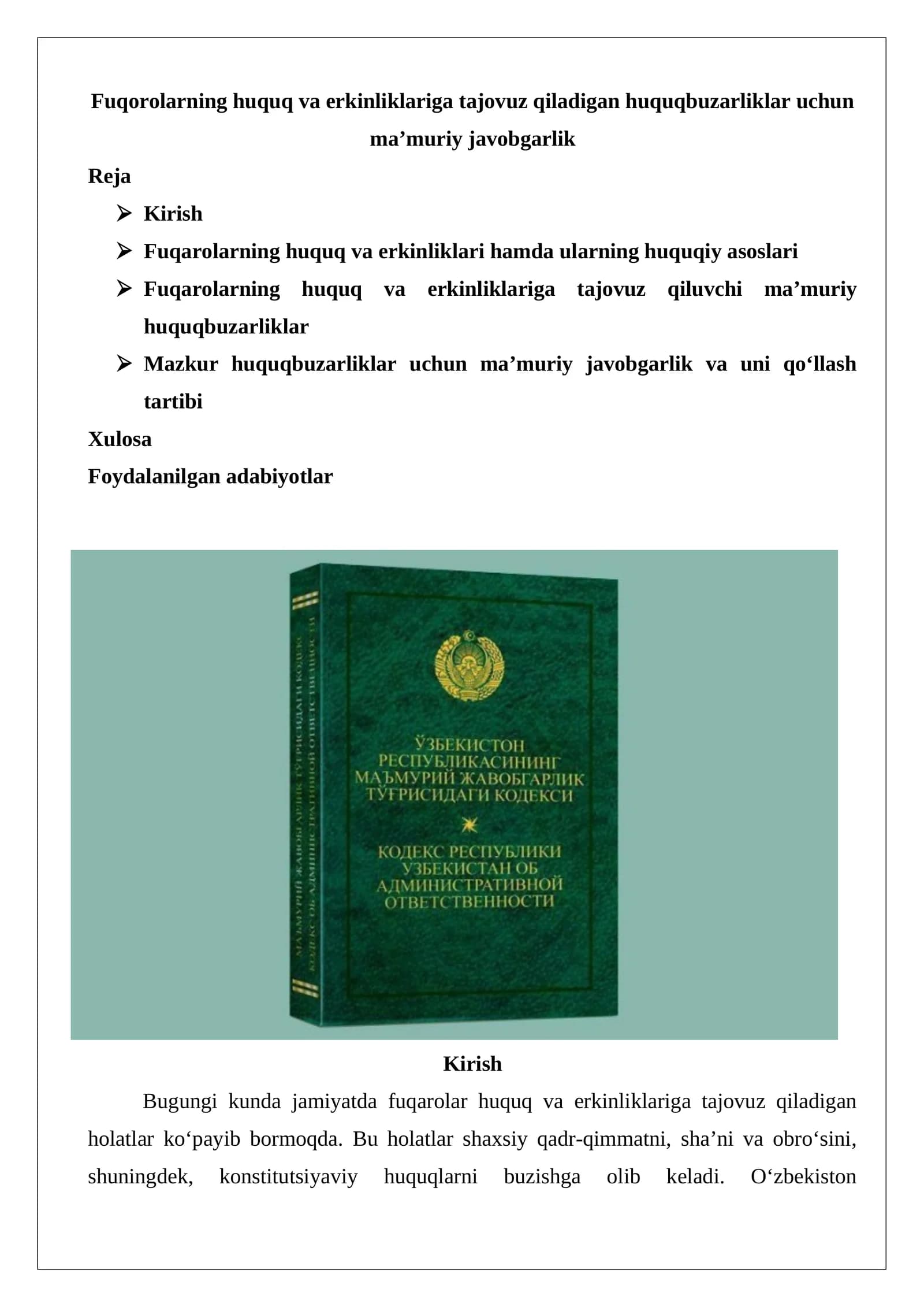 Fuqorolarning huquq va erkinliklariga tajovuz qiladigan huquqbuzarliklar uchun ma’muriy javobgarlik