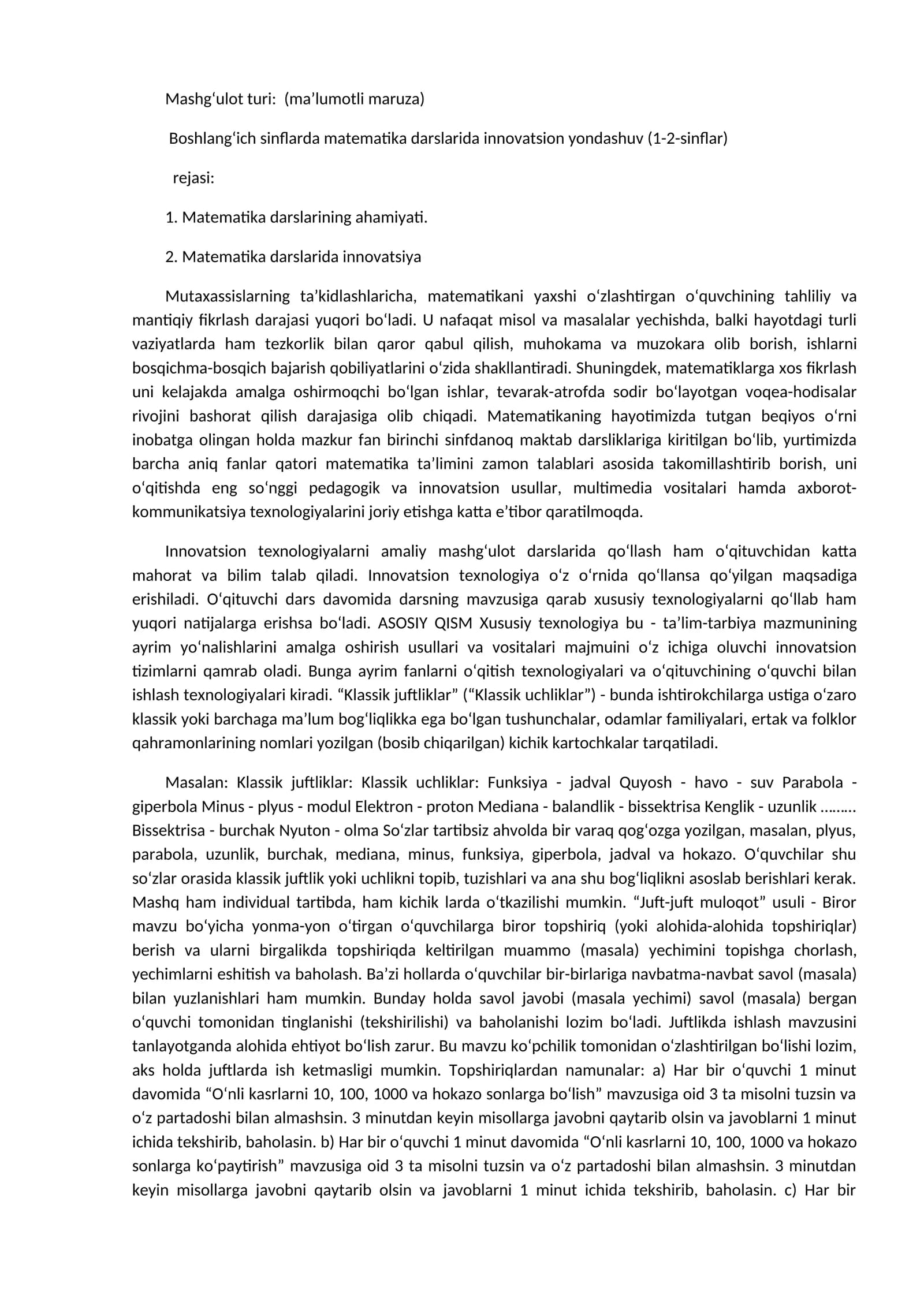 Boshlang‘ich sinflarda matematika darslarida innovatsion yondashuv (1-2-sinflar)