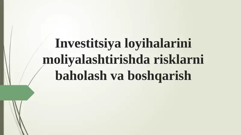 Investitsiya loyihalarini moliyalashtirishda risklarni baholash va boshqarish