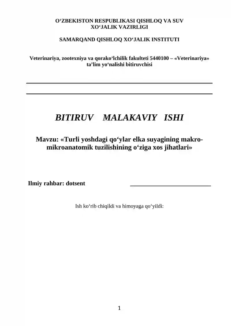 Turli yoshdagi qo‘ylar elka suyagining makro-mikroanatomik tuzilish BMI