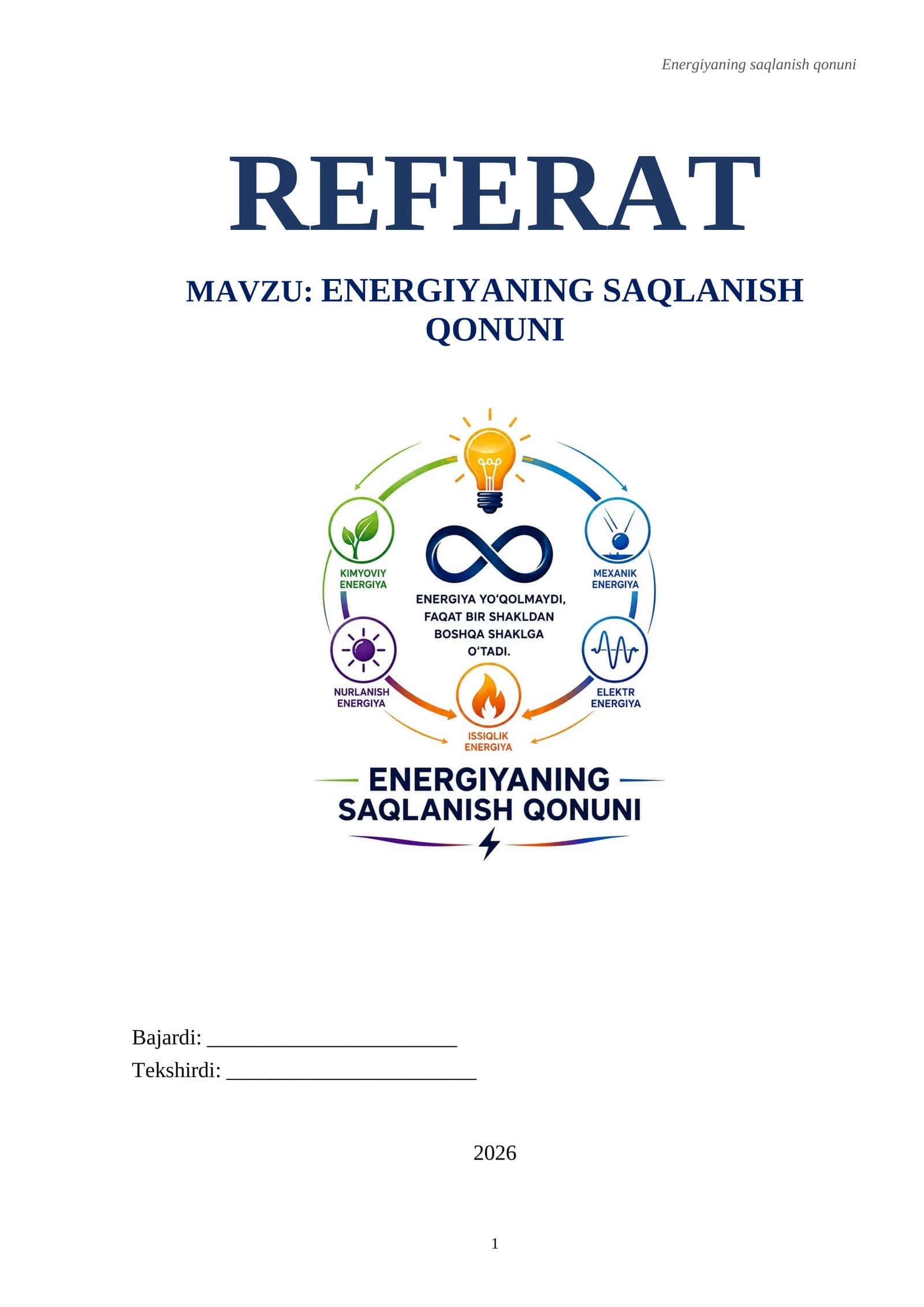 REFERAT. Energiyaning saqlanish qonuni