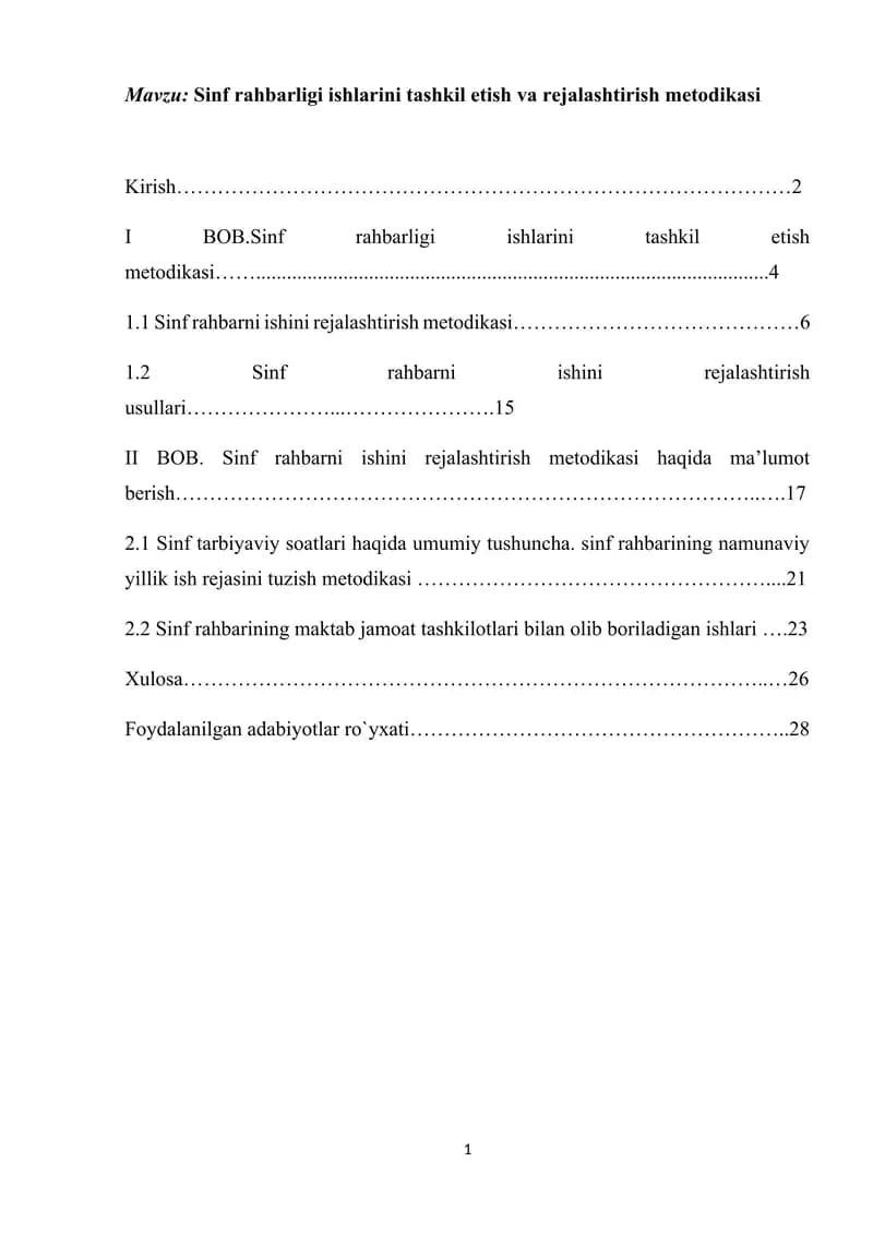 Sinf rahbarligi ishlarini tashkil etish va rejalashtirish metodikasi