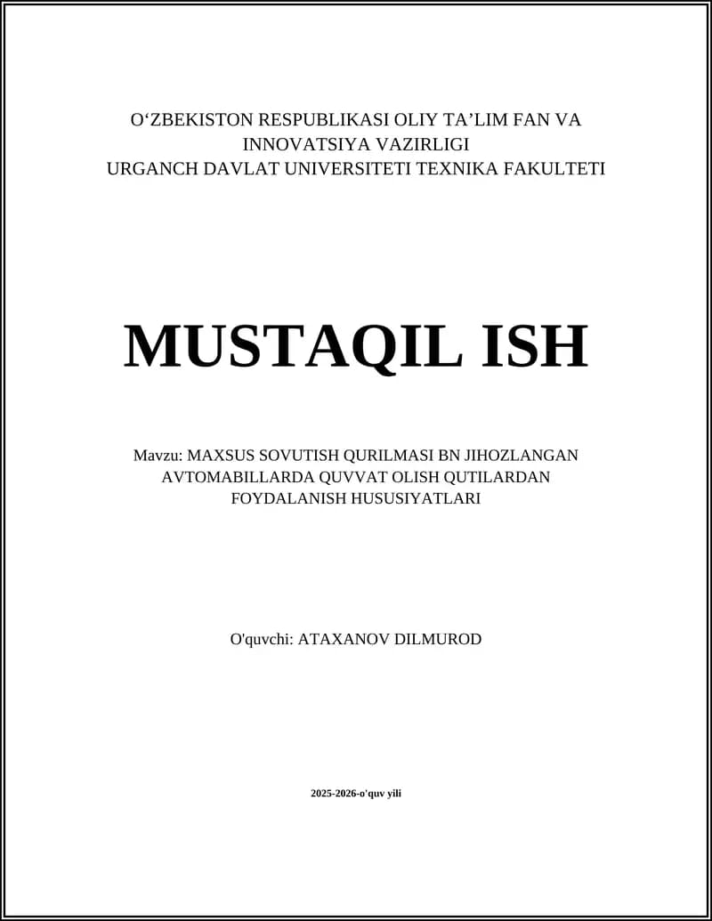 MAXSUS SOVUTISH QURILMASI BN JIHOZLANGAN AVTOMABILLARDA QUVVAT OLISH QUTILARDAN FOYDALANISH HUSUSIYATLARI