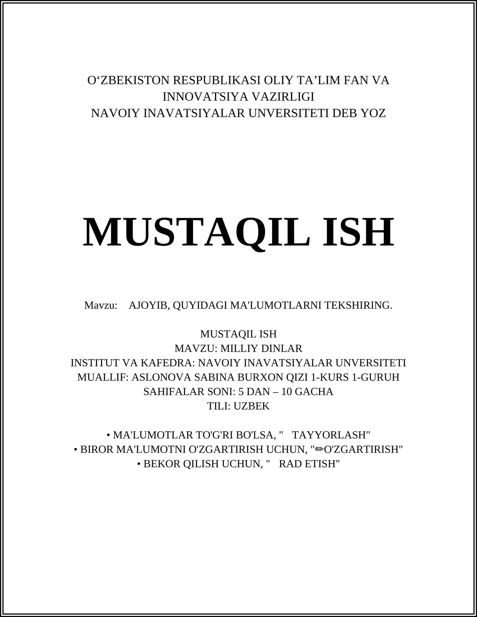 MILLIY DINLAR TARIXI
