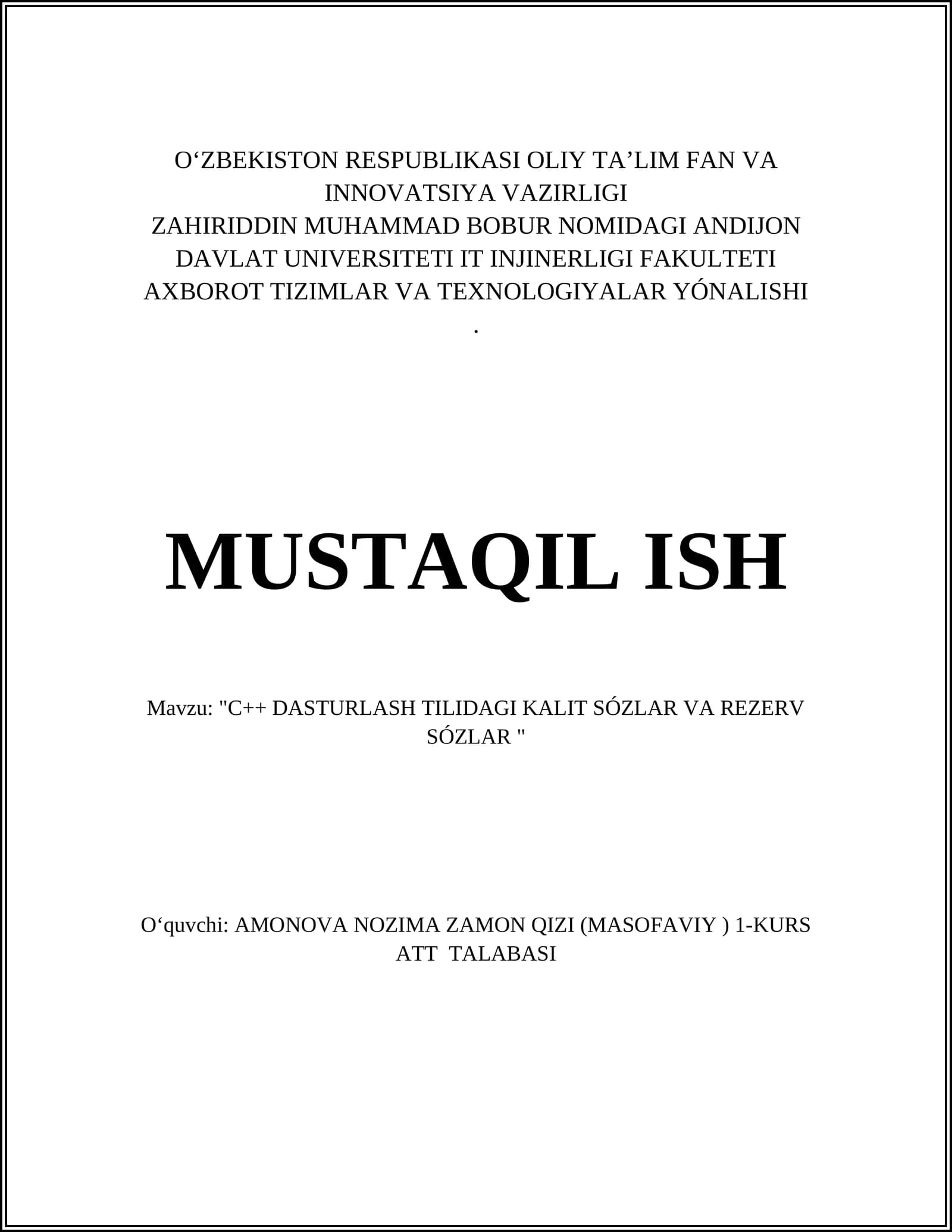 C++ DASTURLASH TILIDAGI KALIT SÓZLAR VA REZERV SÓZLAR