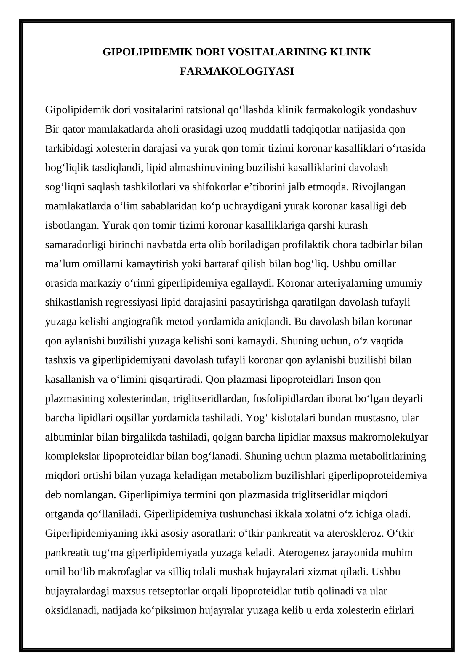 GIPOLIPIDEMIK DORI VOSITALARINING KLINIK FARMAKOLOGIYASI