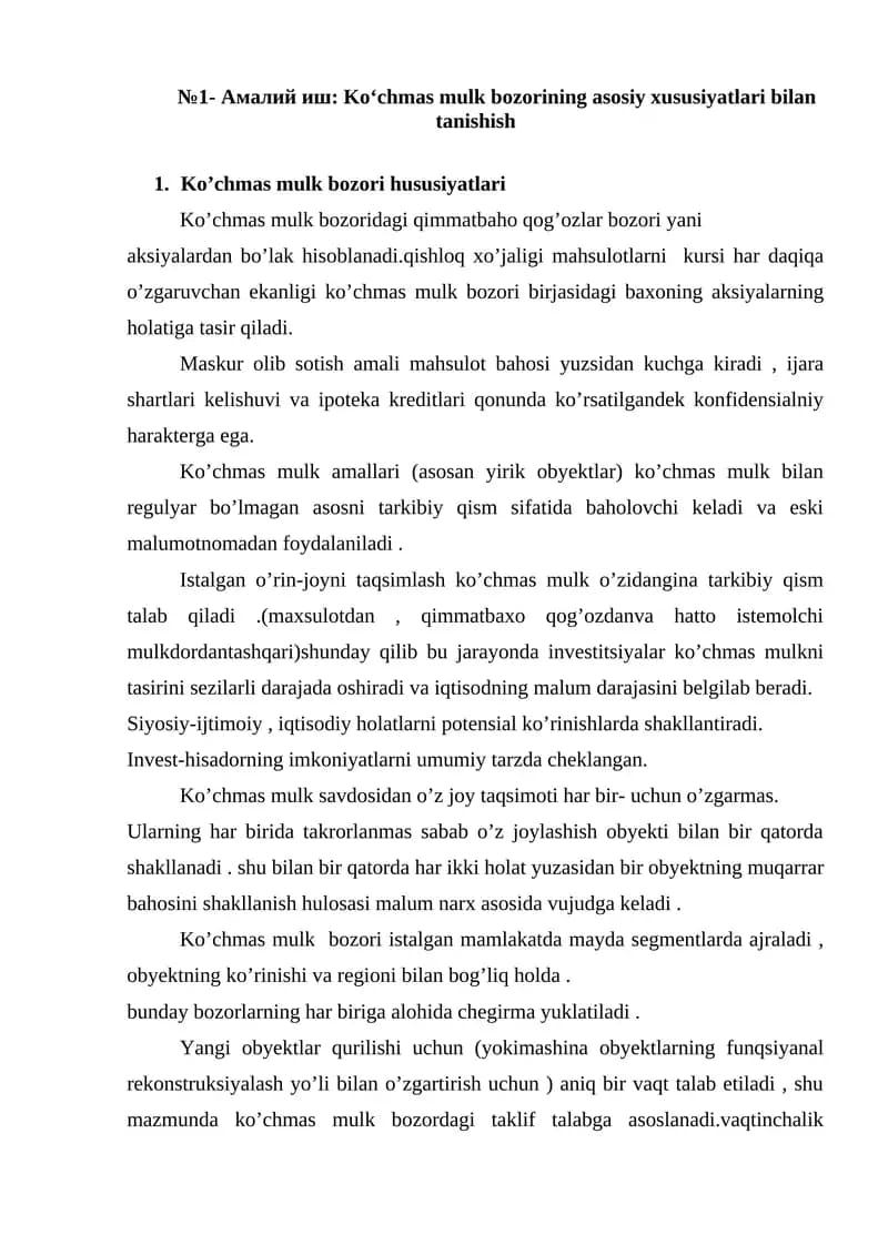 Ko‘chmas mulk bozorining asosiy xususiyatlari bilan tanishish